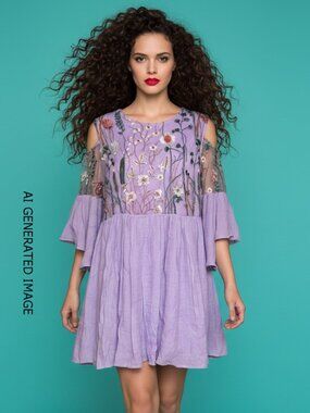 Lemon Tree Heavy Embroidered Crinkled Purple Bell Sleeve Dress Size S